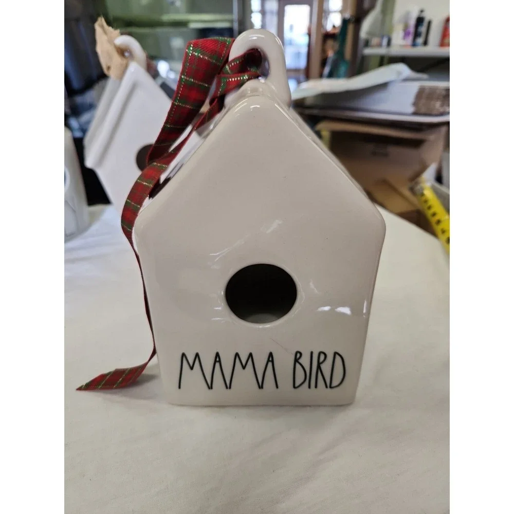 Rae Dunn MAMA BIRD Birdhouse with Checkered Ribbon